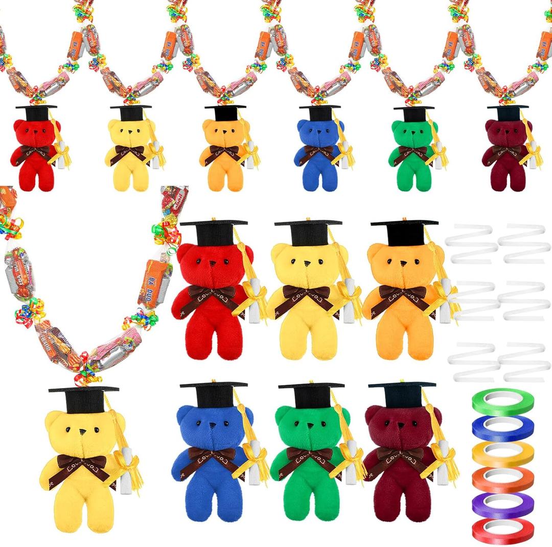 18 Pcs 2025 Graduation Stuffed Animal Candy Lei Making Kit Include 6 Pcs Mesh Bag 6 Pcs Colorful Graduation Bear 6 Rolls Ribbon for 2025 Graduation Gift Kit
