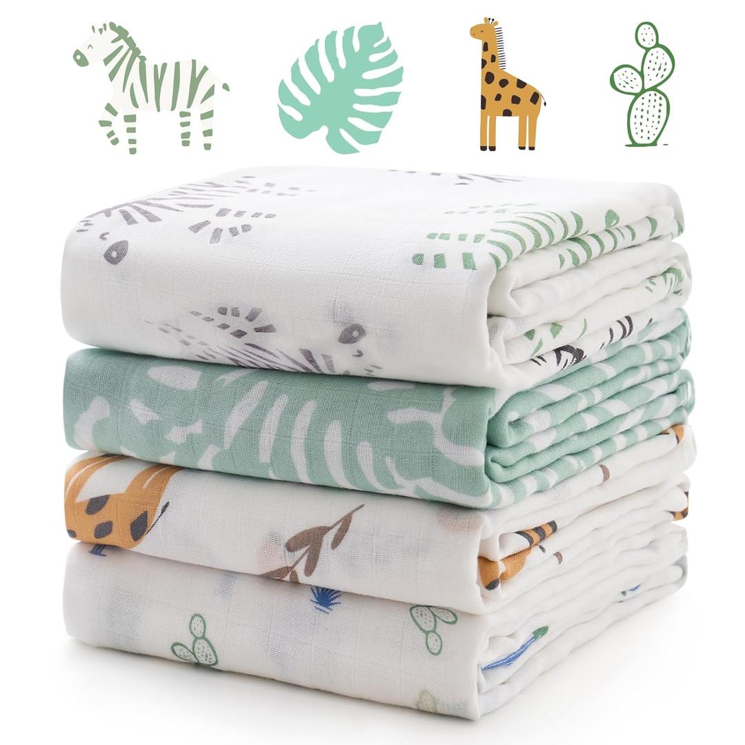 Momcozy Muslin Swaddle Blankets, 4-Pack Breathable and Skin-Friendly Receiving Blankets for Boys, Best Wishes Swaddle Blanket Shower Gifts & Baby Registry Essentials, Large 47"x47", Bravery