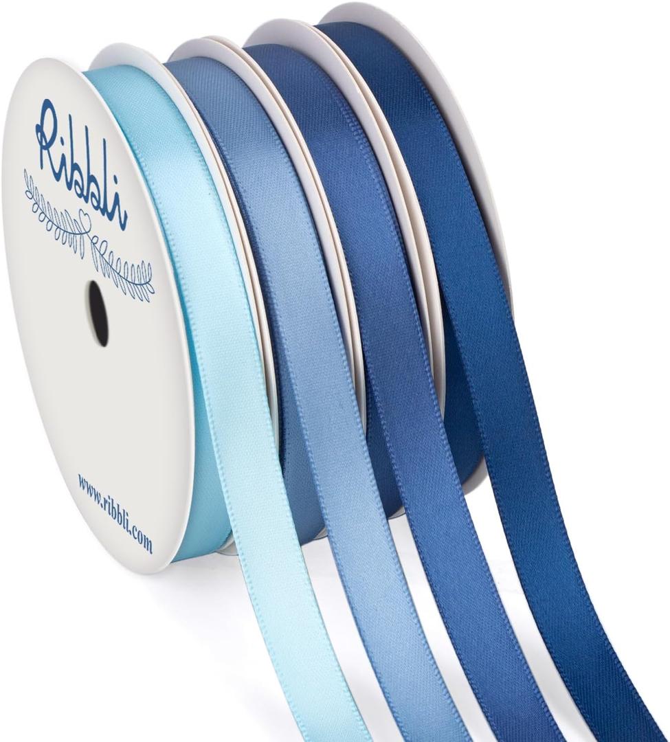 Ribbli Dusty Blue Satin Ribbon 3/8 Inch x 2 Rolls Total 40 Yards- Light Blue/Dusty Blue/Smoke Blue/Light Navy Ribbon for Wrapping and Craft
