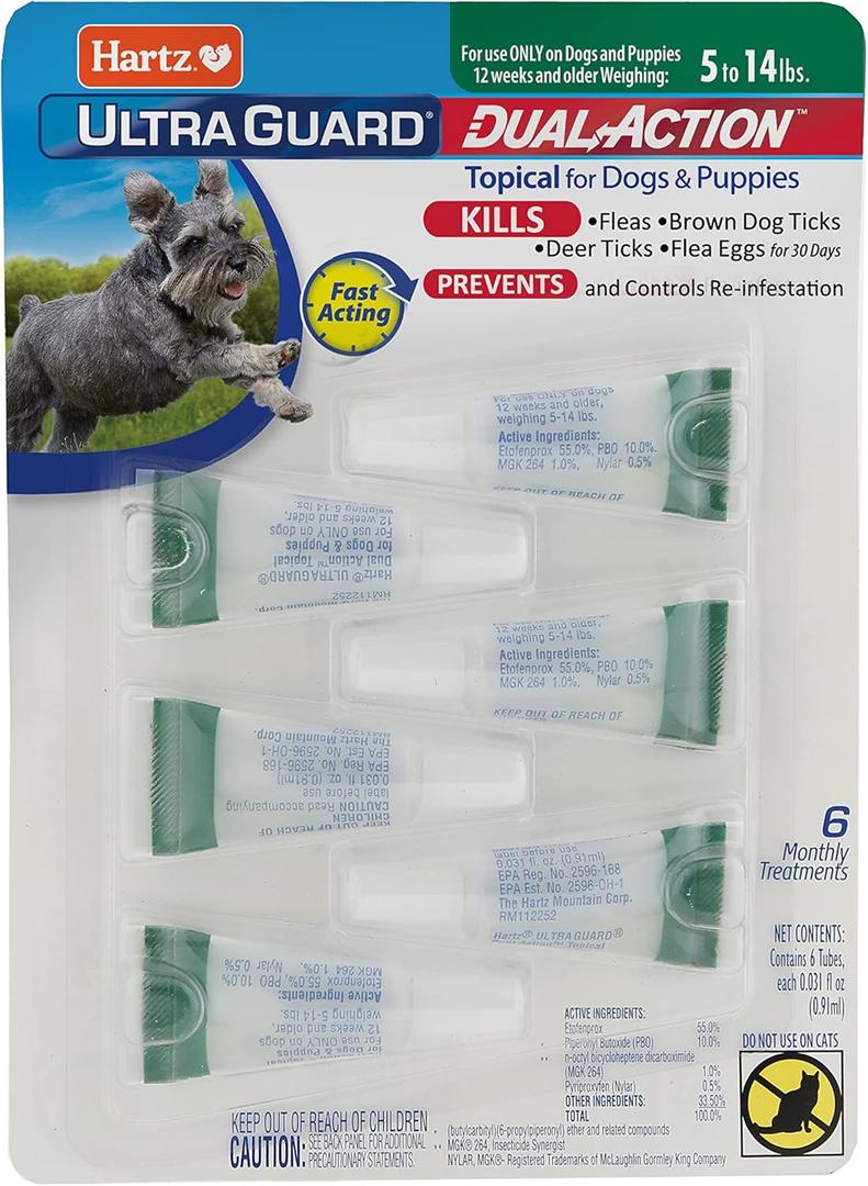 Hartz UltraGuard Dual Action Flea & Tick Topical Dog Treatment and Flea and Tick Prevention, 6 Months, 5-14 Pound Dogs 6-count(Pack of 1)