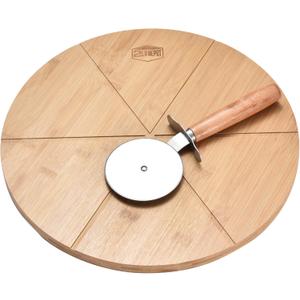 Depot Bamboo 13.5'' Round Cutting Board with Stainless Steel Cutter - Wood Pizza Slicing Tool & Serving Board