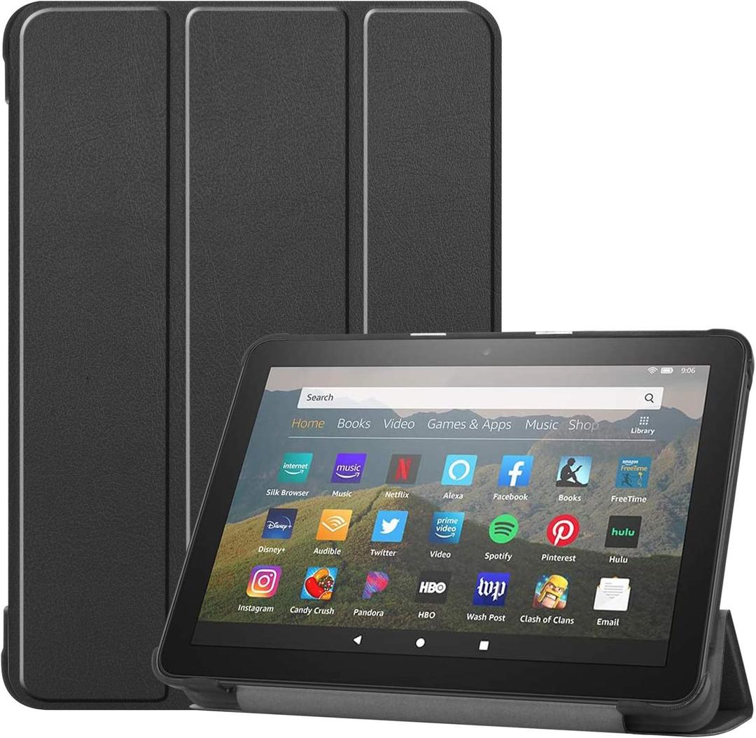 Fire HD 8 Tablet Case - Fits Kindle Fire HD 8 & 8 Plus (8" 12th/10th Gen) Trifold Stand Cover with Backshell and Auto Wake/Sleep (Black)
