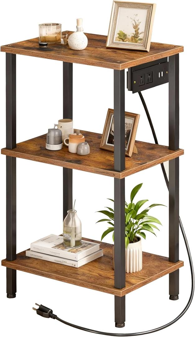 Tall End Table with Charging Station, Narrow Nightstand with USB Ports and Outlets, 3-Tier Small Bedside Table with Storage Shelves for Living Room, Bedroom, Hallway, Rustic Brown