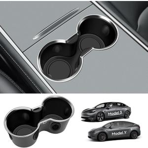 Upgrade Cup Holder Insert for Tesla Model Y 2025 2024-2021 Model 3 2021-2023 Center Console Interior Accessories [Chrome Plated Design] (Black)