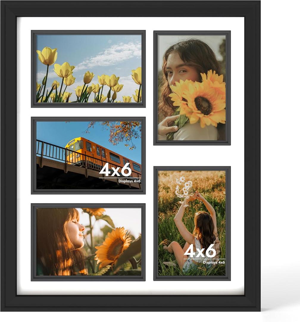 iRahmen 4x6 Collage Picture Frame with Tempered Glass - Display Five 4 x 6 Photos, Wood Frames Home Decor Wall Mount, Black