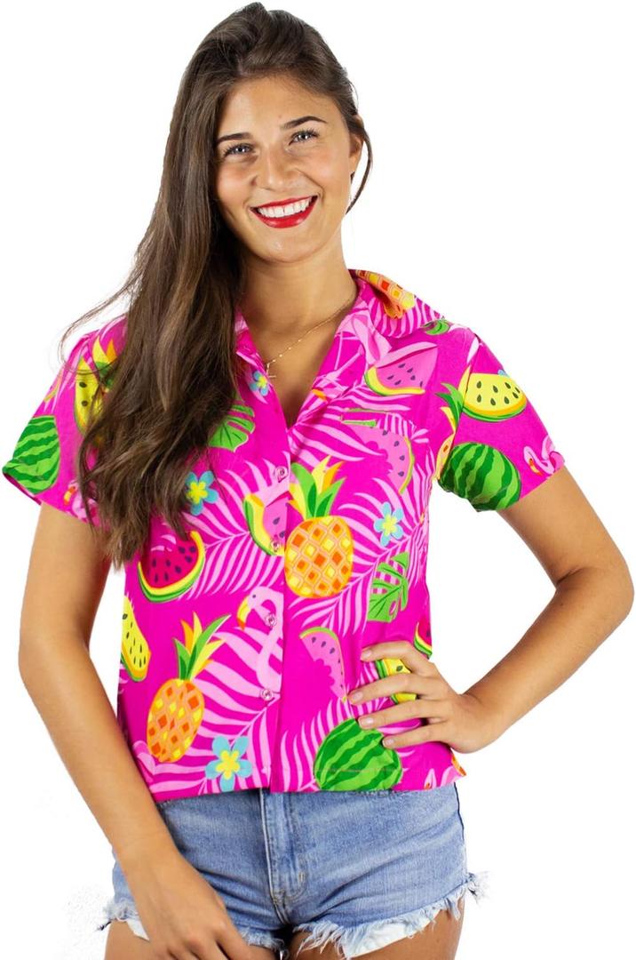Women's Blouse-Shirt Short-Sleeve Casual-Button-Down Hawaii-Vacation Flamingo-Melons Fruity (X-Large)