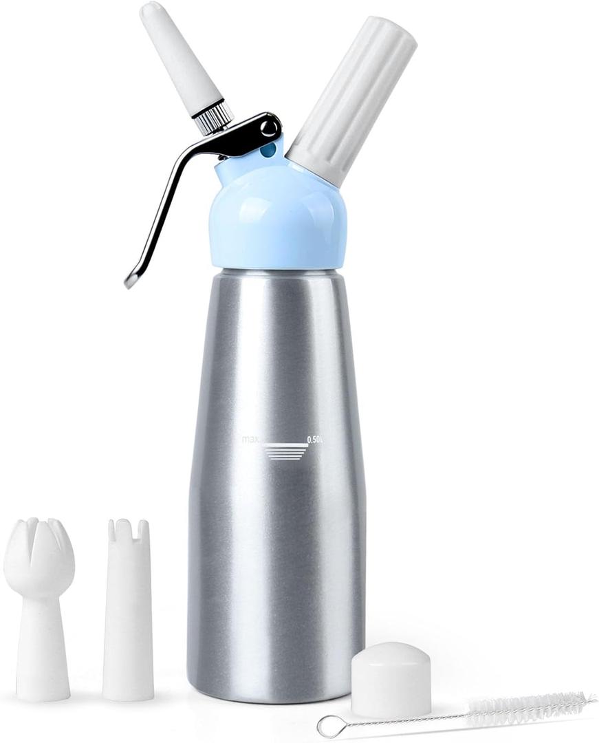 Professional Whipped Cream Dispenser Charger,Aluminum Body 1-Pint / 500 ml,Cream Maker with 3 Plastic Decorating Tips and 1 Cleaning Brush