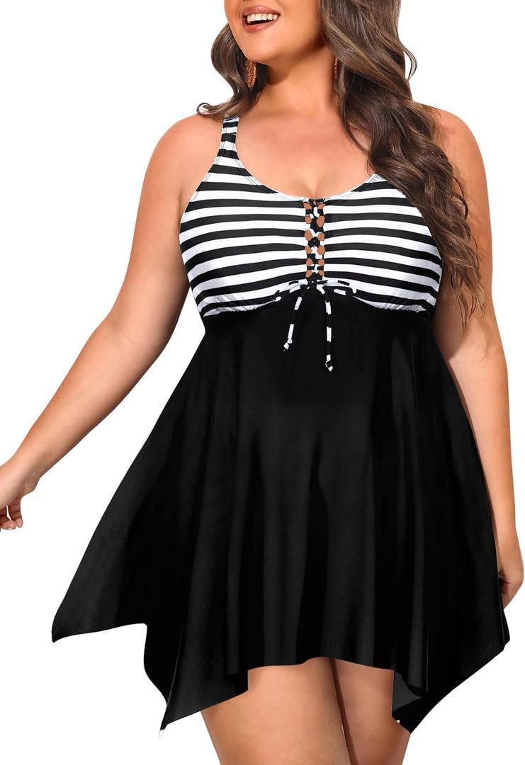 NIeyook Womens Plus Size Tankini Swimsuit 2025 Two Piece Tummy Control Bathing Suits for Women Swim Dress with Shorts (Black Striped)