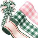 Gingham Wired Edge Ribbon 2.5 Inch Pink Green Plaid Fabric Wrapping Ribbon for DIY Crafts Wreath Bow Making Supplies, 18 Yard