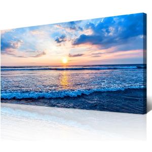 Wapluam Canvas Wall Art For Living Room Office Wall Decor Blue Beach Ocean Sea Waves Landscape Wall Painting Ready To Hang Bedroom Home Decorations Canvas Prints Posters Pictures Wall Mural Artwork (40"L x 20"W)