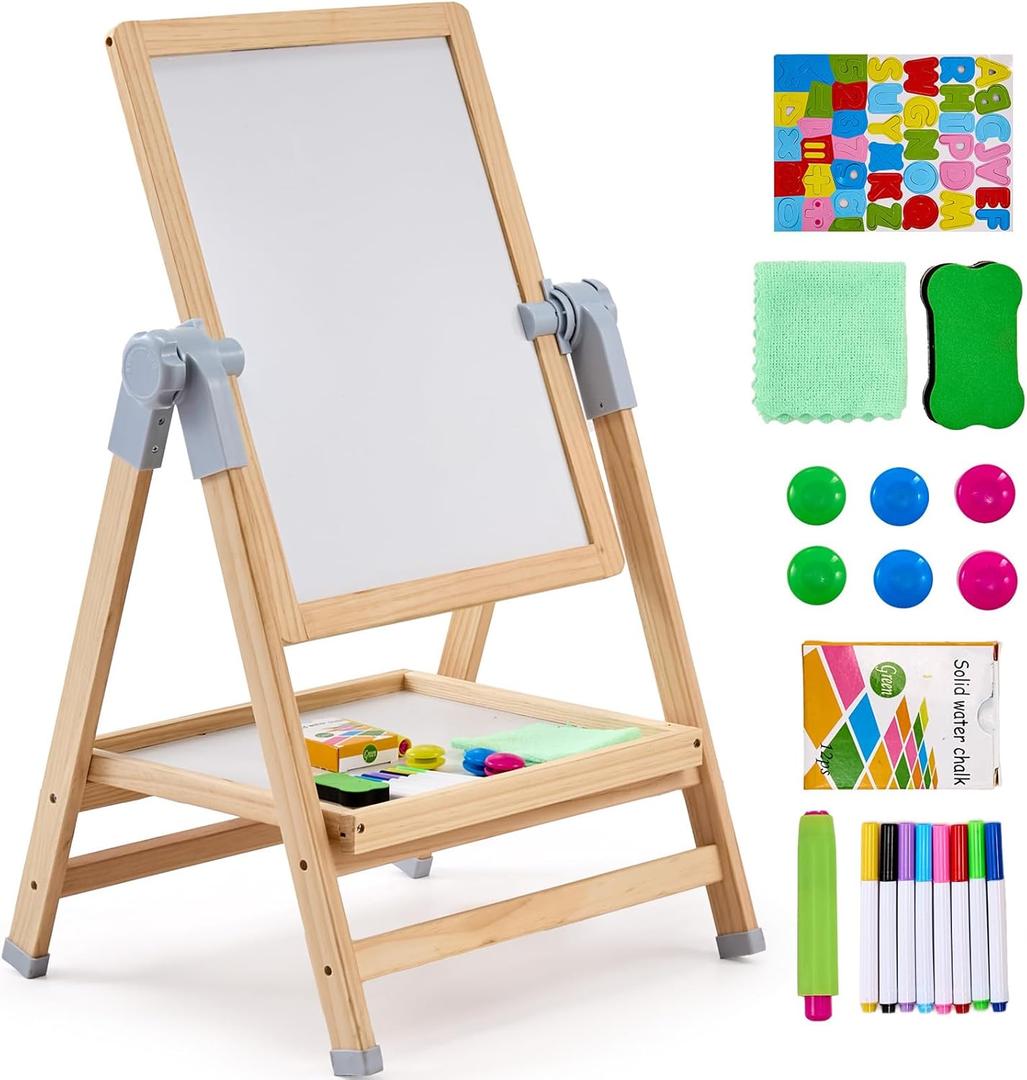 VEVOR Art Easel for Kids, 2-in-1 Wooden Double-Sided Kid's Art Easel with Magnetic Whiteboard & Chalkboard, Adjustable Standing Rotatable Foldable Drawing Board with Painting Accessories for Boy Girl