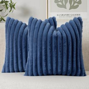 MIULEE Faux Fur Decorative Throw Pillow Covers 18x18 Inch Set of 2, Coastal Modern Art Home Decor Soft Plush Couch Pillows Cozy Fluffy Cushion Covers for Sofa Bed Navy Blue