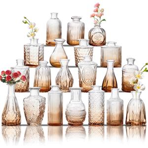 Glass Bud Vase Set of 20, Small Flower Vases, Glass Vases for Centerpieces, Vintage Home Table Decorations Bud Vases (20 Pcs, Amber)