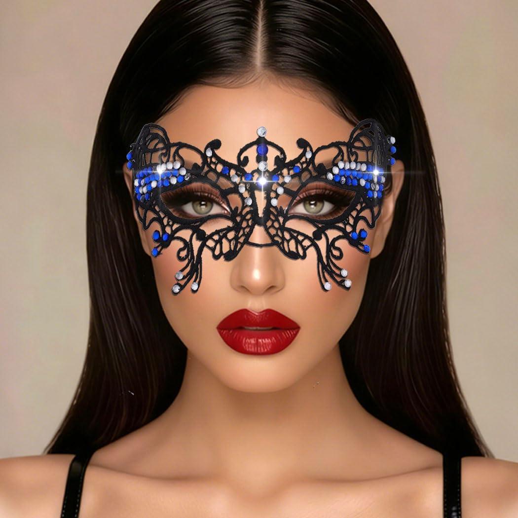 Masquerade Mask for Women Rhinestone Butterfly Lace Masquerade Masks Venetian Costume Ball Party Eye Mask (Blue)