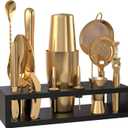 Highball & Chaser Bartender Kit with Black Bamboo Stand Beautiful Cocktail Shaker Set and Bar Tools Stainless Steel Boston Shaker Bartender Kit with Stand (Antique Gold)