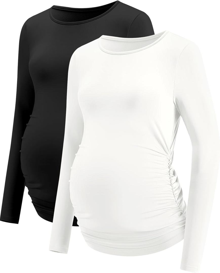 LOMON Maternity Shirts Long Sleeve Thermal Tops Side Ruched Casual Tshirt Crewneck Fleece Base Layer for Pregnant Women (Large, 2pack Black/White)