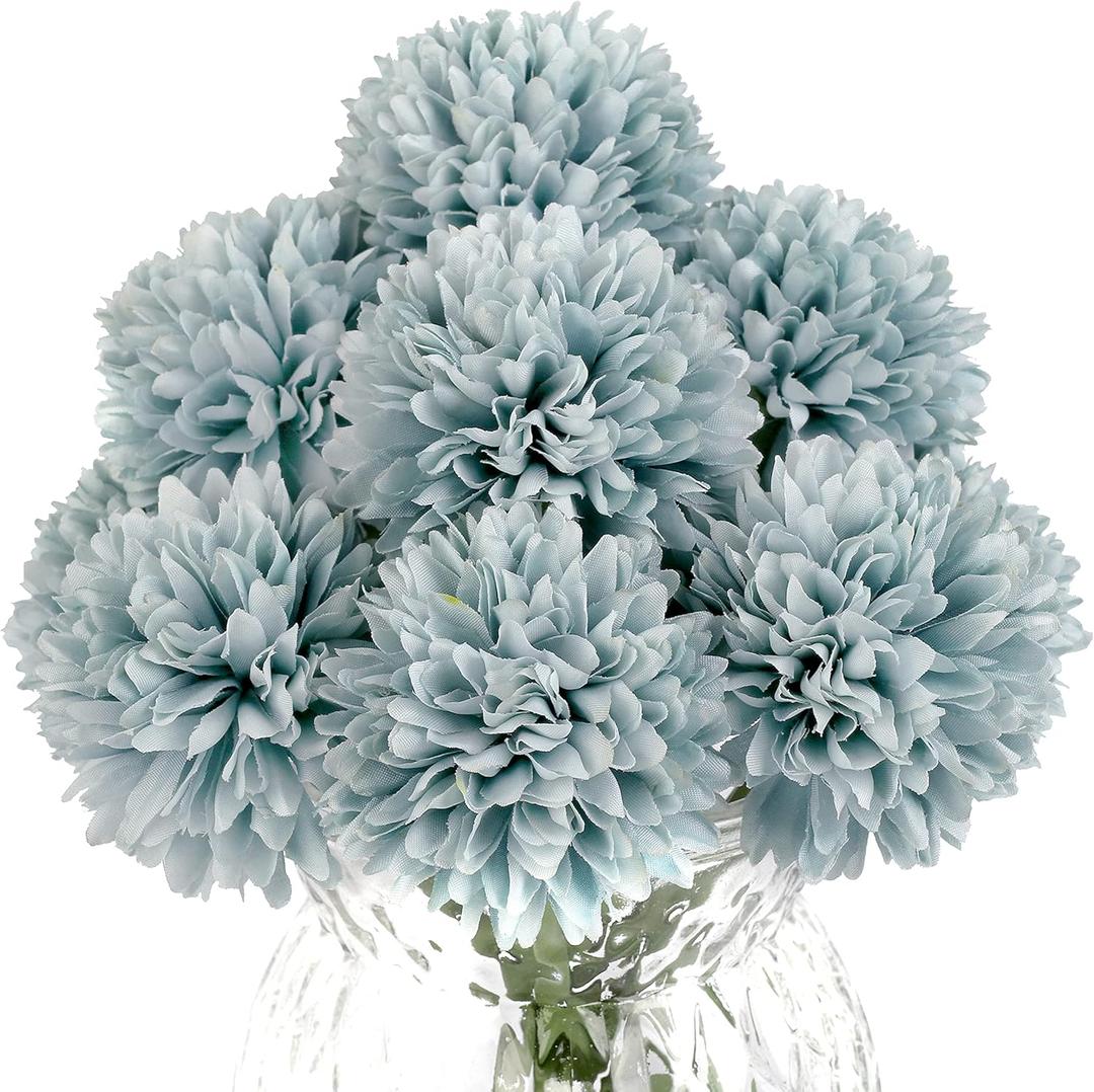 Artificial Flowers, 10Pcs Fake Flowers Silk Artificial Chrysanthemum Ball Hydrangea Bridal Wedding Bouquet for Home Garden Party Wedding Decor (Gray Blue, 10 Pcs)