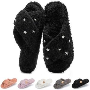 GOEWY Fuzzy Open Toe Slippers for Women Indoor and Outdoor with Memory Foam Cozy Cross Band Women's Slipper Cute Soft House Shoes Slip On Gifts for Womens Mom Her Ladies Bridesmaid 7-8