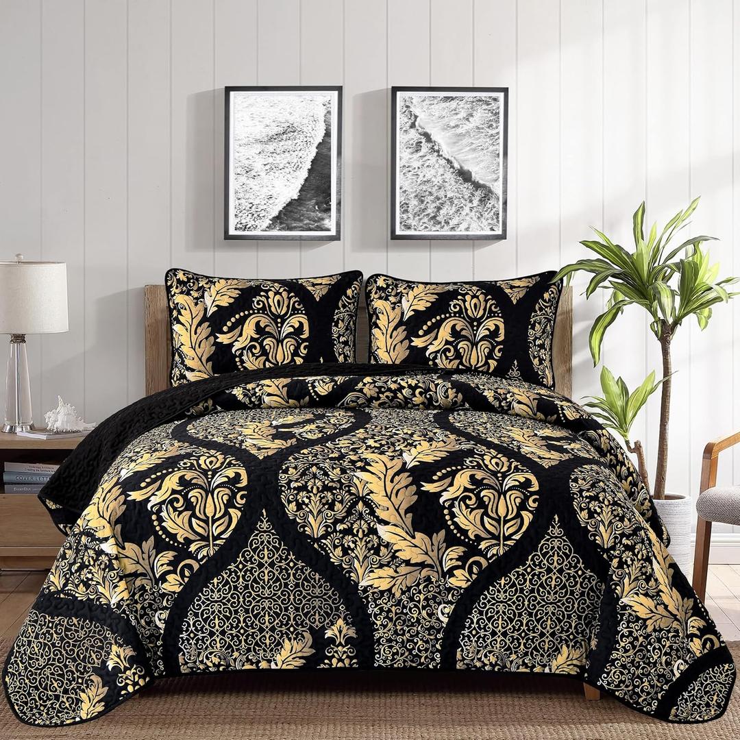 Black Quilt Set Queen Size, Boho Gold Damask Bedspread Coverlet Set Soft Lightweight Microfiber Luxury Bedding Set 3 Pieces for All Season (96"x90")