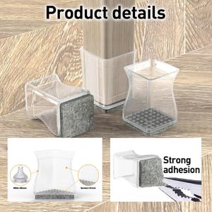 Square Chair Leg Protectors for Hardwood Floors, 8 Pcs Silicone Felt Furniture Leg Cover,Fit: 2.25" -2.75" Clear.