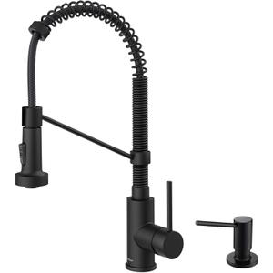 KRAUS Bolden 18-Inch Single Handle Commercial Style Pull-Down Kitchen Faucet with Soap Dispenser in Matte Black, KPF-1610MB-KSD-43MB