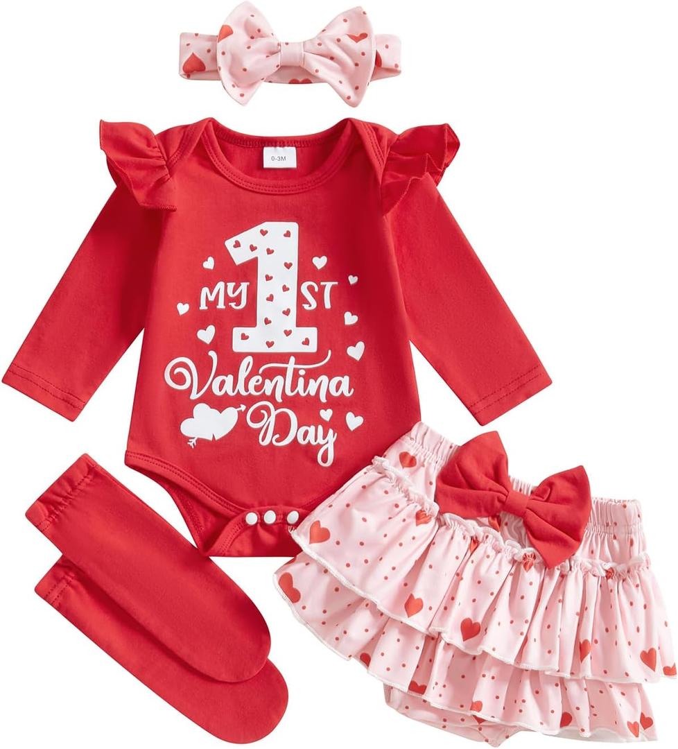 BeQeuewll Newborn Baby Girl Easter Outfit Bunny Clothes Romper+Bloomers Tutu Skirt+Socks+Headband Set First Easter Outfit (3-6 Months, 1st V-day Red)