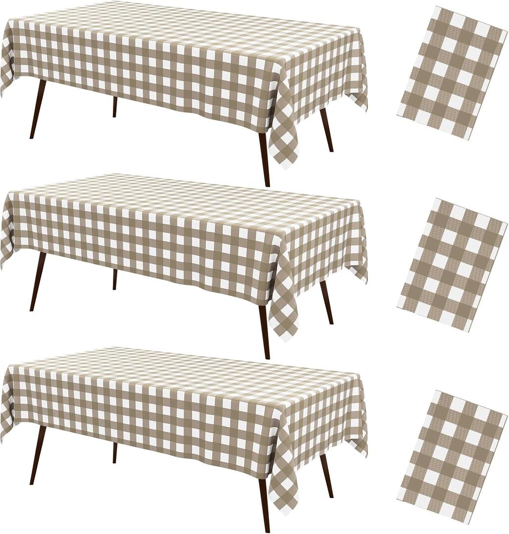 misaya 3 Packs Buffalo Disposable Table Cloth, 54 x 108 Inch Waterproof Plastic Tablecloth, Rectangle Khaki and White Checkered Table Covers for Picnic, Birthday, Party