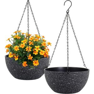 12 inch Large Hanging Planters for Indoor Outdoor Plants, 2 Pack Hanging Flower Pots with Drainage Holes and Chain for Garden Porch, Plastic Hanging Baskets for House Plants, Speckled Black