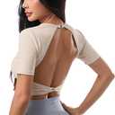 SweatyRocks Women's Twist Open Back Athletic Shirt Short Sleeve Crew Neck Workout Crop Tops (Beige, L)