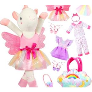 HUITEM Unicorn Toys for Girls Age 4-6, Ballerina Doll Stuffed Animal with 3 Set Clothes, Plush Bag, Accessories, 16 inch Unicorn Doll Toys Birthday Gift for 3 4 5 6 Year Old Little Girls