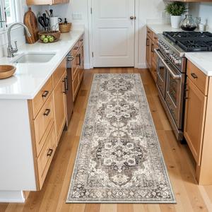 Washable 2x8 Hallway Runner Rug: Soft Kitchen Rug Non Slip Floor Runner for Bedroom Living Room Entryway Indoor Low Pile Vintage Carpet Runner(Beige/Brown/Grey, 2x8)