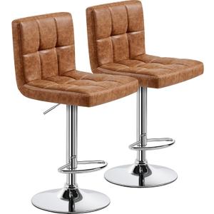 Yaheetech Bar Stools Set of 2, PU Leather Swivel Barstools, Height Adjustable Counter Chairs, Modern Stools with Back for Bar Kitchen Island Dining Room, Retro Brown