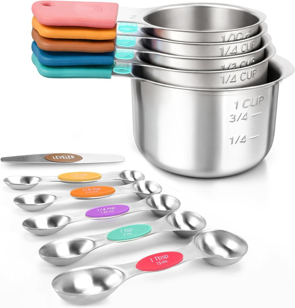 DIYORA Magnetic Measuring Cups and Spoons Set, 13-Piece 304 Stainless Steel Measuring Set with Leveler, Mini Whisk, Conversion Chart, Double-Sided Spoons for Baking and Cooking