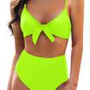 Blooming Jelly Womens High Waisted Bikini Set Tie Knot High Rise Two Piece Swimsuits Bathing Suits (Large, Neon Green)