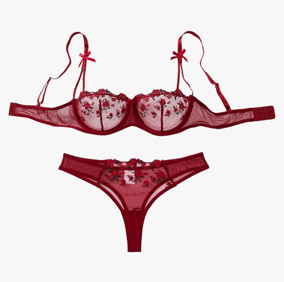 Lilosy Sexy Bows Floral Embroidered Mesh Sheer Underwire Lingerie Set 2 Piece, S