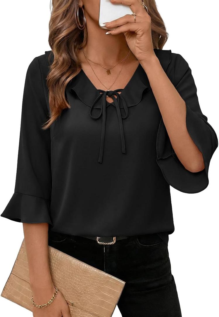 EVALESS Womens Tops Dressy Casual Tie Front Ruffle V Neck 3/4 Sleeve Business Blouses Office Shirts Large, Black