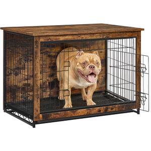 Feandrea 38.6" Dog Crate Furniture, Indoor Dog Cage Side End Table, XL Pet Wood Kennel for Large and Medium Dogs up to 70 lb with Multi-Purpose Removable Tray, Double-Door Pet House, Rustic Brown