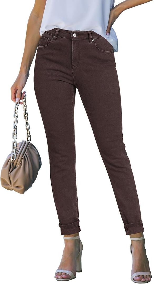 luvamia Skinny Jeans for Women Trendy High Waisted Fold Hem Slim Fit Stretchy Denim Pants Jeggings Jeans with Pockets (X-Large, Brown)