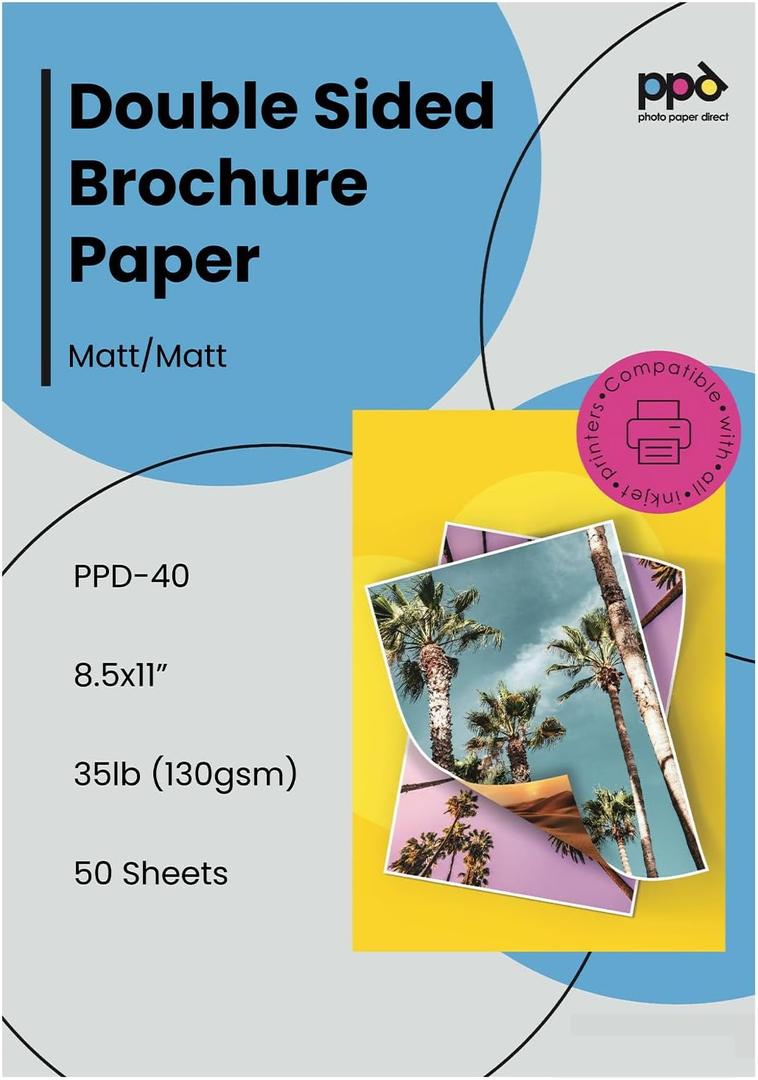 PPD Double Sided Photo Paper, Matte Brochure Paper 8.5 x 11 for Inkjet Printer, 130 gsm, 6.3 mil Thick for Magazine, Flyer, Presentation, Program, Instant Dry & Water Resistant (50 Sheets) PPD Double Sided Photo Paper, Matte Brochure Paper 8.5 x 11 for Inkjet Printer, 130 gsm, 6.3 mil Thick for Magazine, Flyer, Presentation, Program, Instant Dry & Water Resistant (50 Sheets)