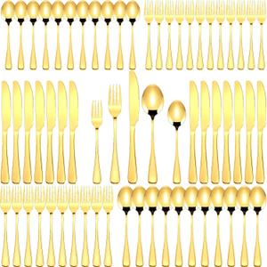 Dandat 300 Pcs Gold Silverware Set Stainless Steel Set with Dinner Forks Knife Spoon Dessert Forks Steak Knives Cutlery Flatware for 60 Guest Wedding Dinner Party Restaurant Home Holiday Party