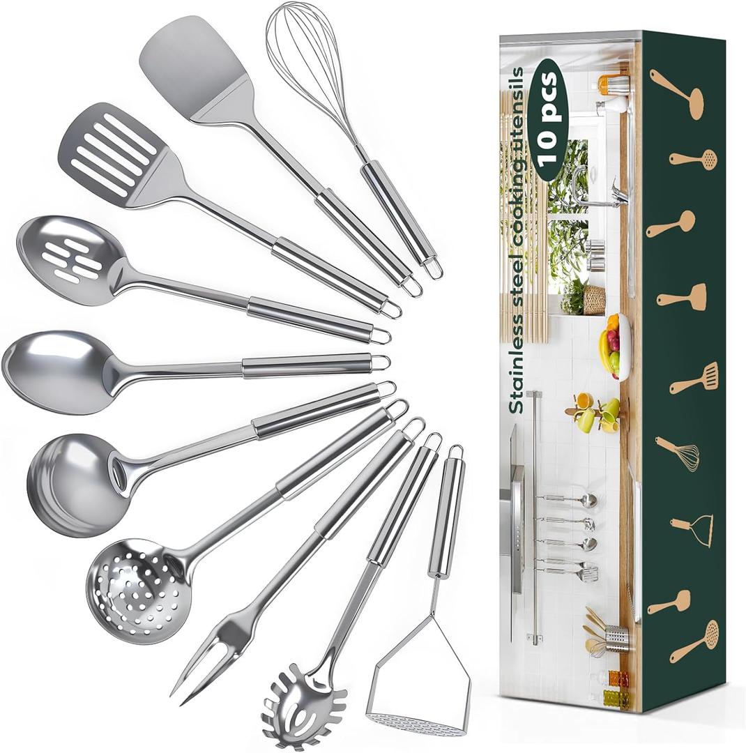 10 Pcs Cooking Utensils Set, Stainless Steel Kitchen Utensils, Heat Resistant Metal Kitchen Tools Include Solid & Slotted Spatula, Spoon, Ladle, Pasta Server,Potato Maseher,Egg Whisk,Meat Fork, Silver
