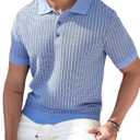 GORGLITTER Men's Button Up Shirt Collared Hollow Out Half Short Sleeve Knitted Street Tops (Blue, Small)