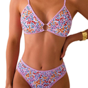 Tainehs Women's Two Piece Bikini Sets O Ring Front Top Ditsy Floral Triangle Swimsuits Cheeky Bathing Suit, M