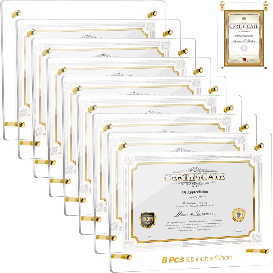 Thyle 8 Pcs Acrylic Photo Frame 8.5 x 11'' Clear Floating Picture Frame Certificate Document Poster Award Diploma Display Tabletop or Hanging Wall Mount for Back to School Teacher Student Gift(Gold)