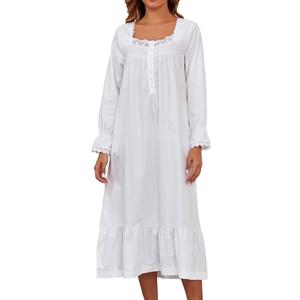 Viakeo 100% Cotton Nightgowns For Women Victorian Night Gown Long Sleeve House Dress With Pockets, Large, White
