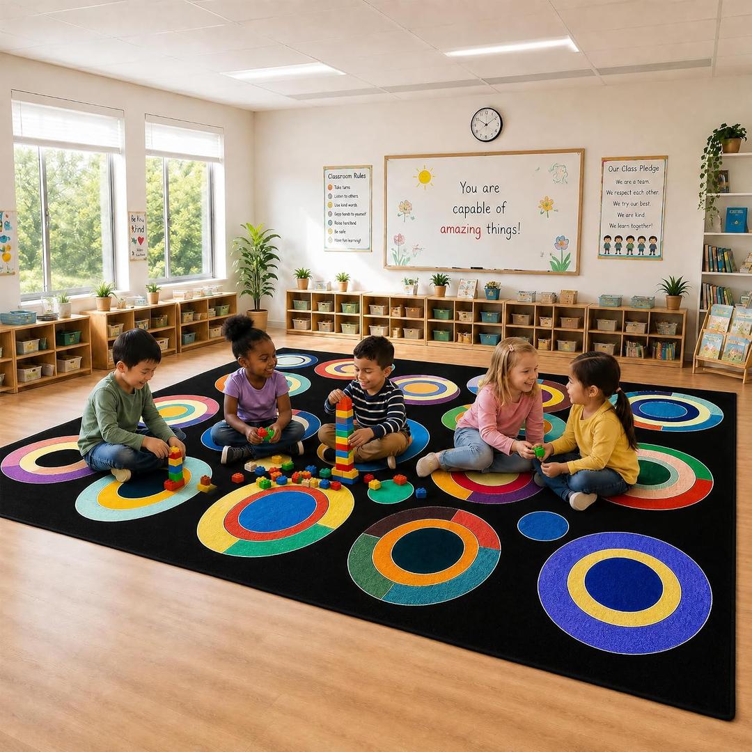 AQQA Classroom Rug,6x9 ft Colorful Circle Print Washable Area Rugs,Non Slip Thin Large Carpet for Kids Room Seating Dcor, Children's Classroom, Play Carpet for Teaching and Playroom, Seats 15