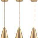 Gold Pendant Lights Kitchen Island, Dining Room Light Fixtures Over Table 3 Pack with Brushed Brass Cone Metal Shade, Modern Farmhouse Mini Chandeliers, Adjustable Cord Hanging Lighting for Bar, Sink