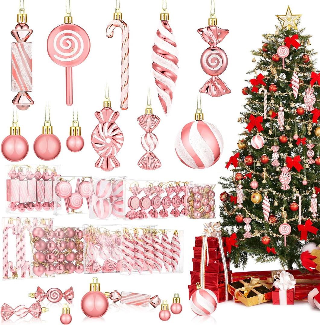 96 Pcs Christmas Tree Ornaments Candy Ball Ornaments Bulk Rose Gold and White Hanging Glitter Candy Cane Decorations Christmas Tree Peppermint Swirl Lollipop Decorations for Xmas Party Family Decor