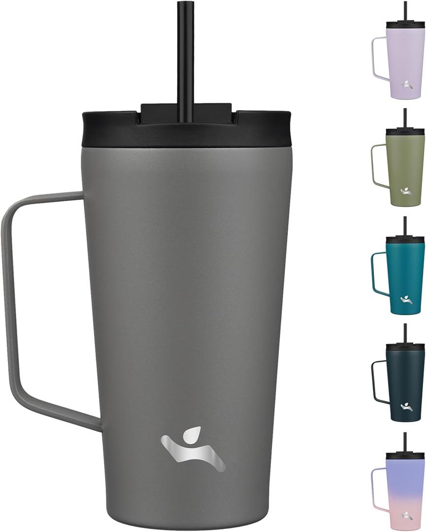 Insulated Tumbler with Handle and Straw, 18 OZ Travel Coffee Mug Stainless Steel Cup Metal Water Bottle,Grey (Gray)