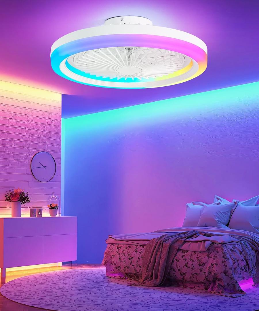 19.9" White Kids Ceiling Fan with Light, Low Profile Caged Design